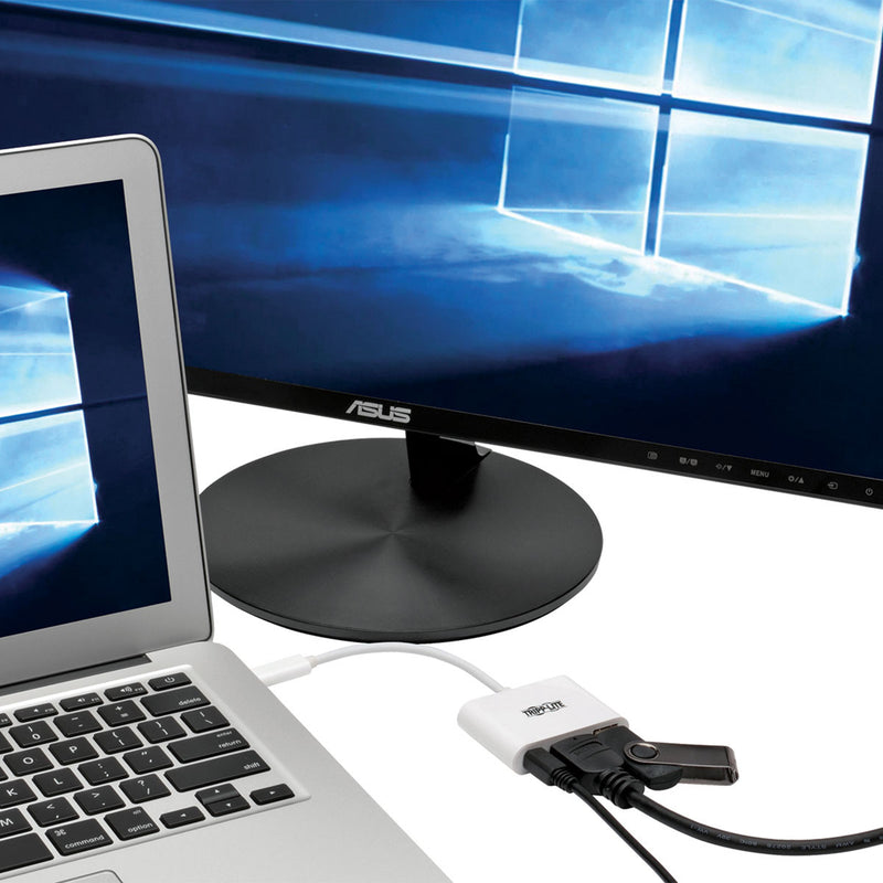 Laptop connected to ASUS monitor via Tripp Lite adapter with USB device attached