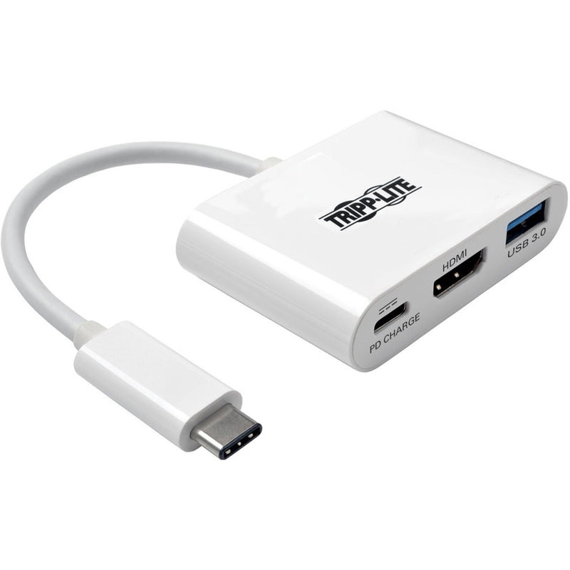 White Tripp Lite USB-C multiport adapter showing HDMI, USB 3.0, and PD charging ports