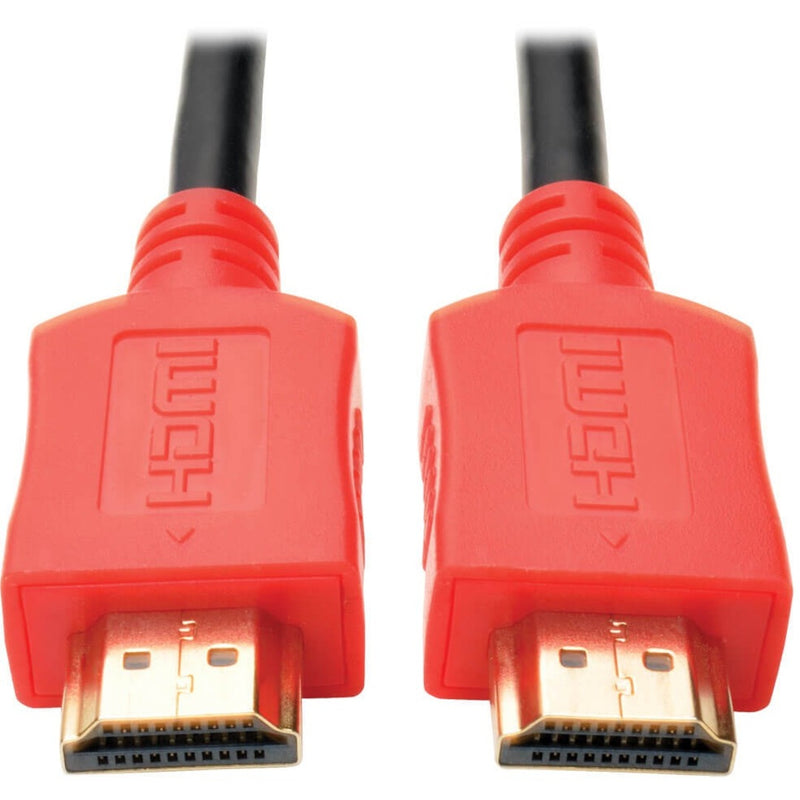 Close-up view of red HDMI connectors with gold-plated contacts and strain relief design