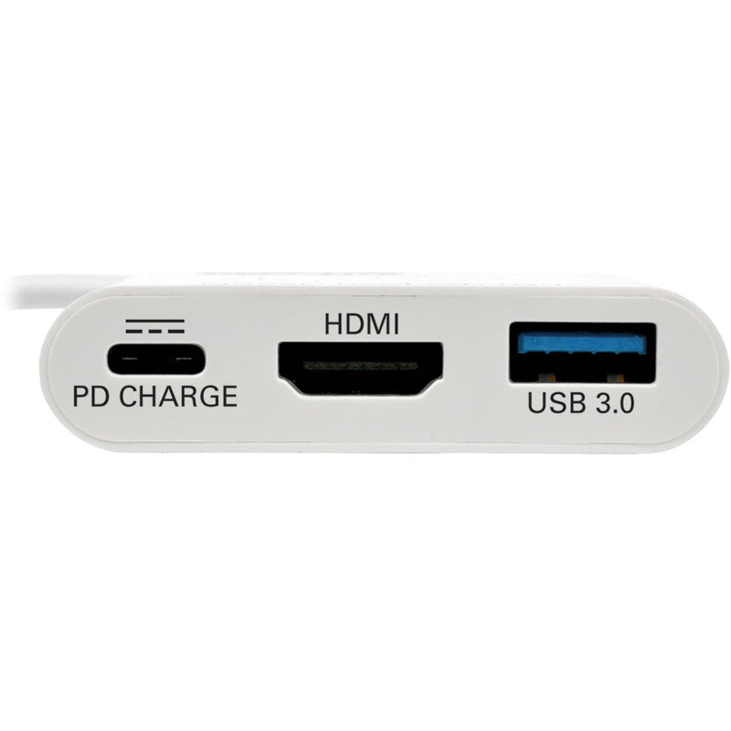 Close-up of port labels on Tripp Lite USB-C adapter showing HDMI, USB 3.0, and PD charging ports