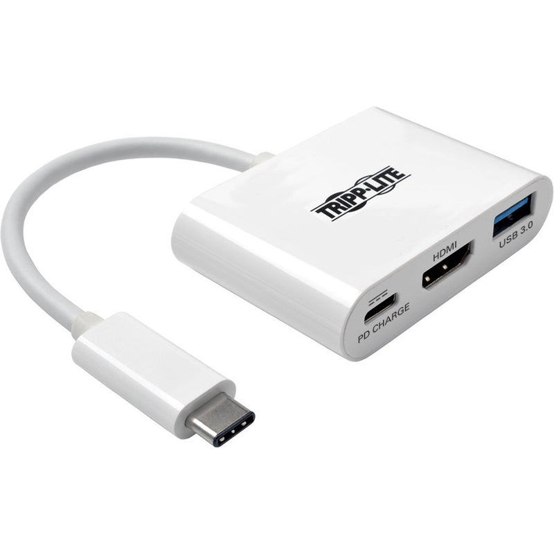 Tripp Lite USB-C multiport adapter showing HDMI, USB 3.0, and PD charging ports in white finish