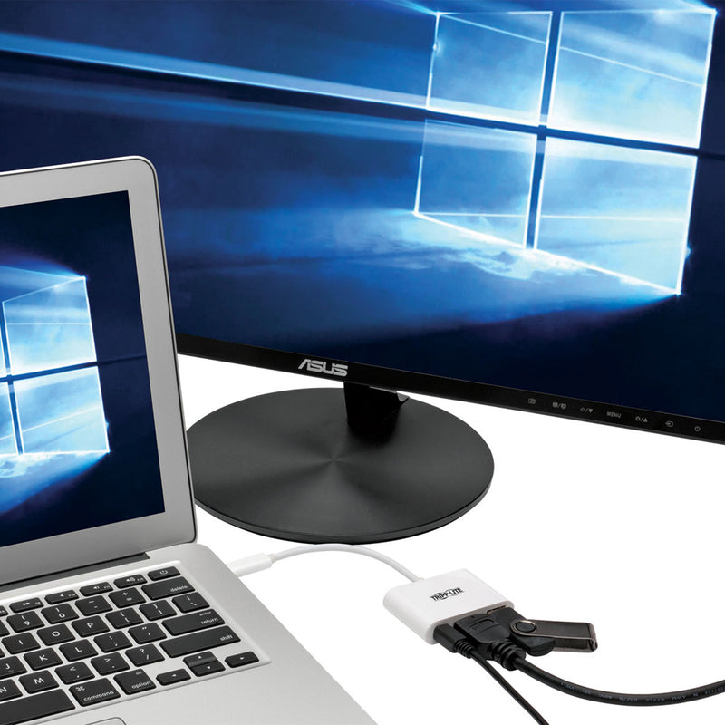 Laptop connected to external monitor using Tripp Lite USB-C adapter with Windows display