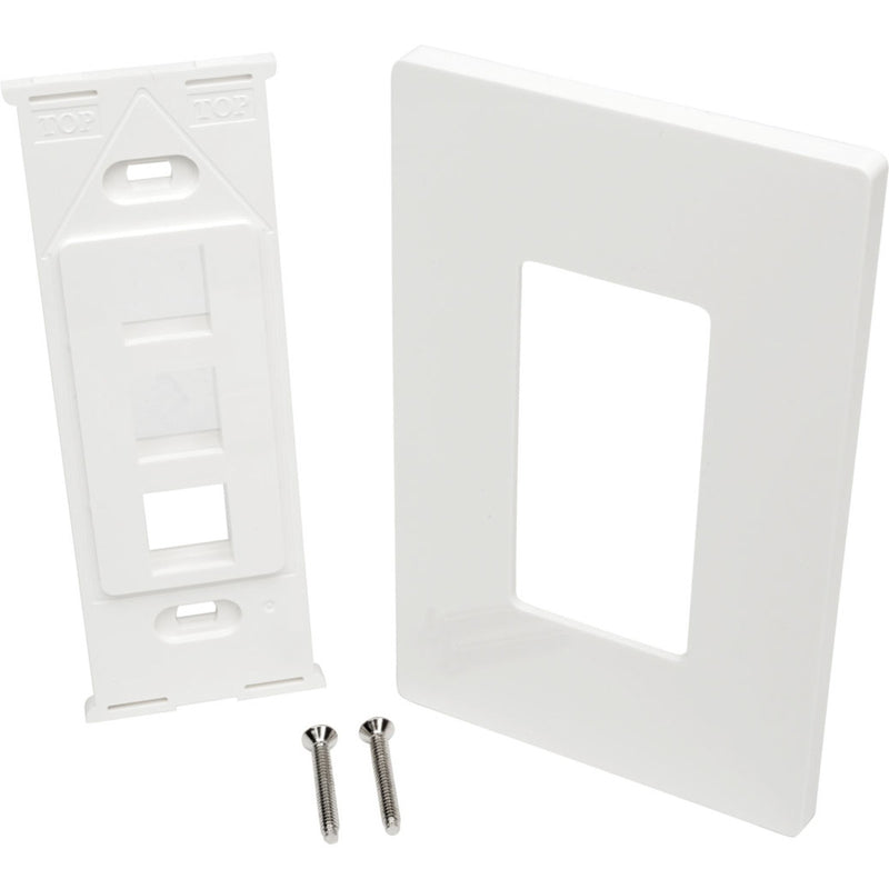 Exploded view of wallplate components with mounting screws