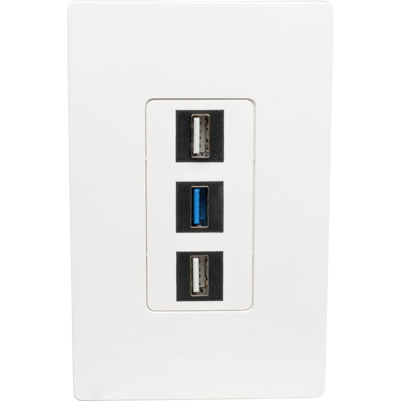 White wallplate with three USB keystone jacks installed