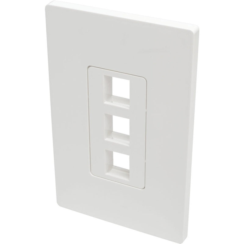 Front view of white three-port keystone wallplate showing vertical port alignment