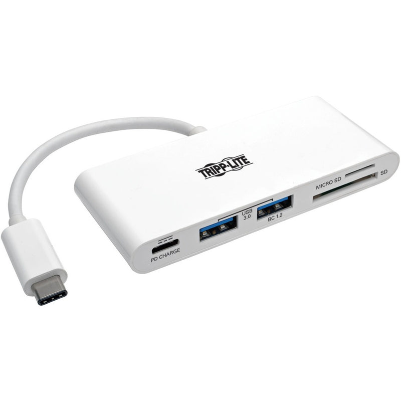 White Tripp Lite USB-C hub showing USB ports, card reader slots and USB-C connector