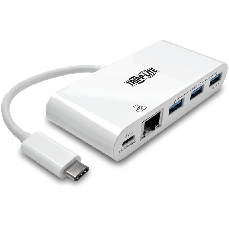 White Tripp Lite USB-C hub showing USB-C connector cable, three USB 3.0 ports, and Ethernet port in profile view