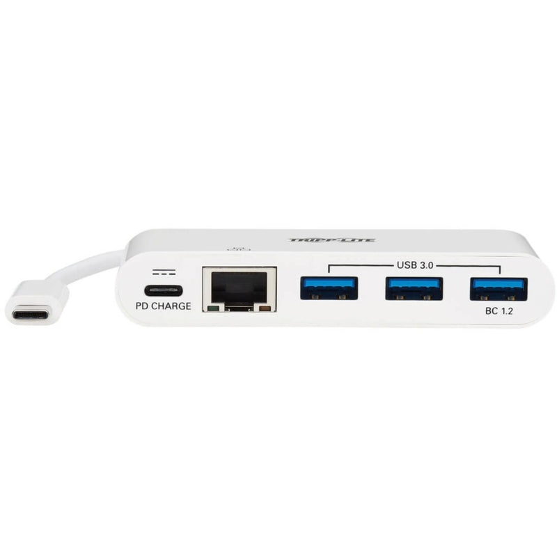 Close-up view of Tripp Lite USB-C hub ports showing USB 3.0, Ethernet, and PD charging connections