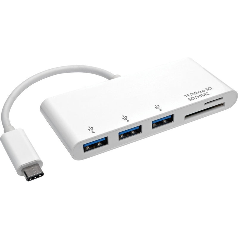 White USB-C hub with three USB 3.1 ports and memory card slots shown from top angle