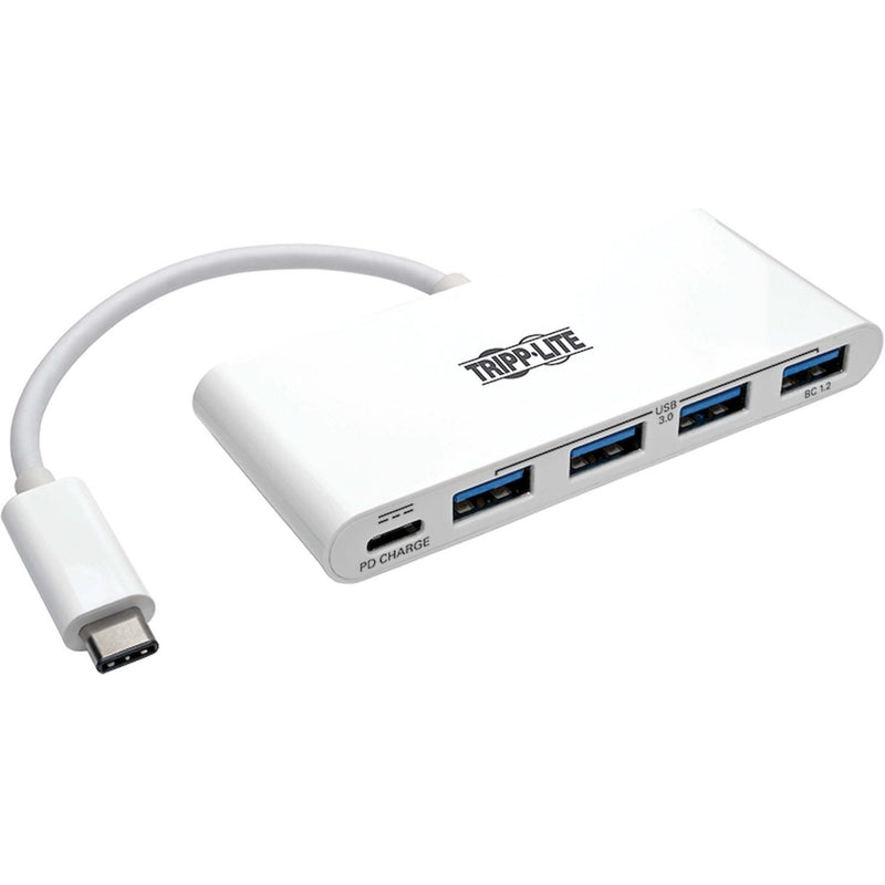 White Tripp Lite USB hub with USB-C connector and four USB 3.0 ports in horizontal layout