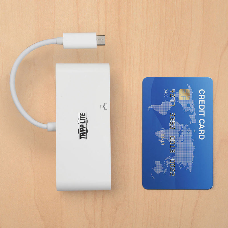 Size comparison of Tripp Lite docking station next to a credit card