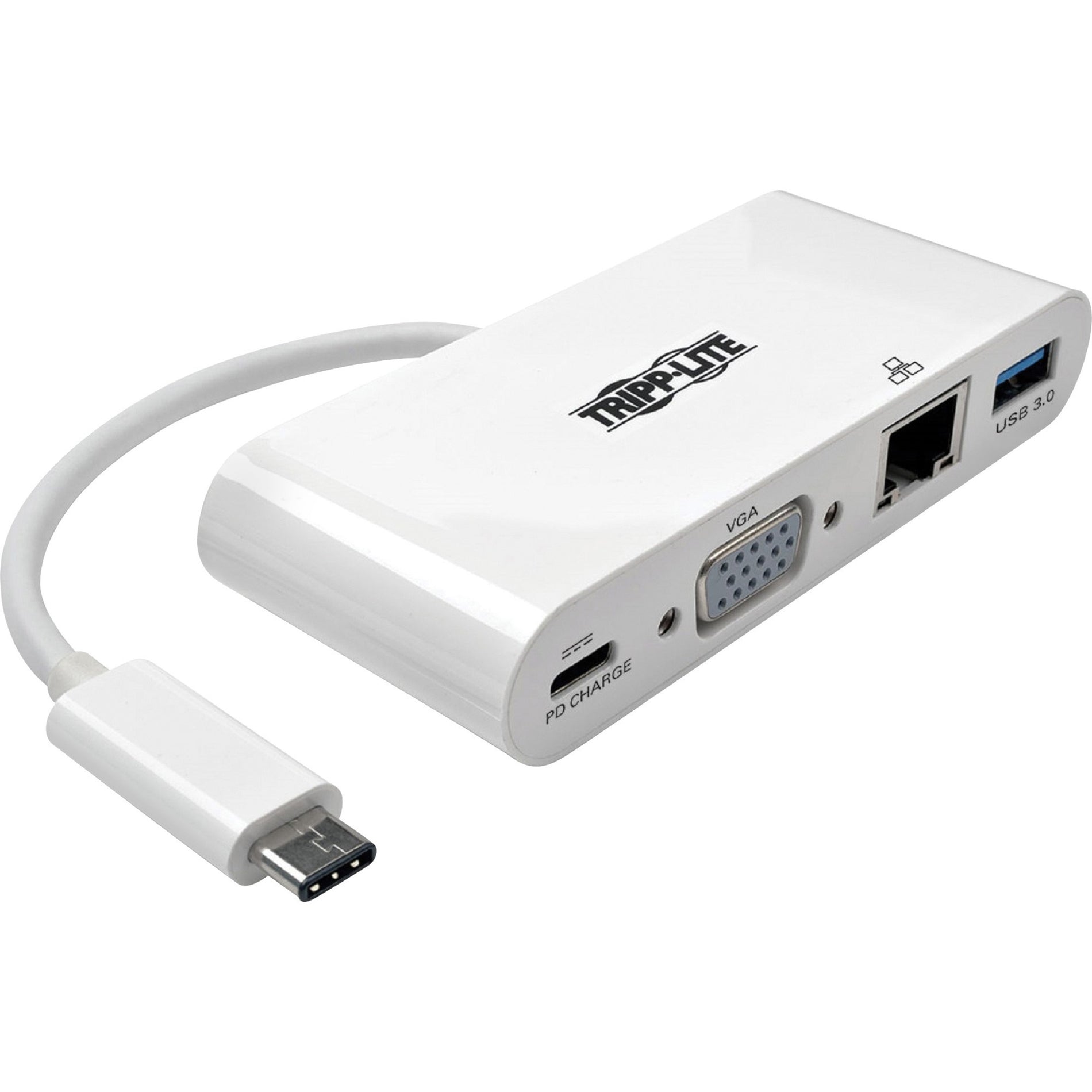 White Tripp Lite USB-C docking station showing VGA port, USB 3.0 port, and network connection-alternate-image1