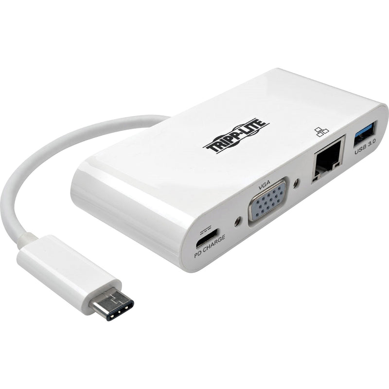 White Tripp Lite USB-C docking station showing VGA port, USB 3.0 port, and network connection