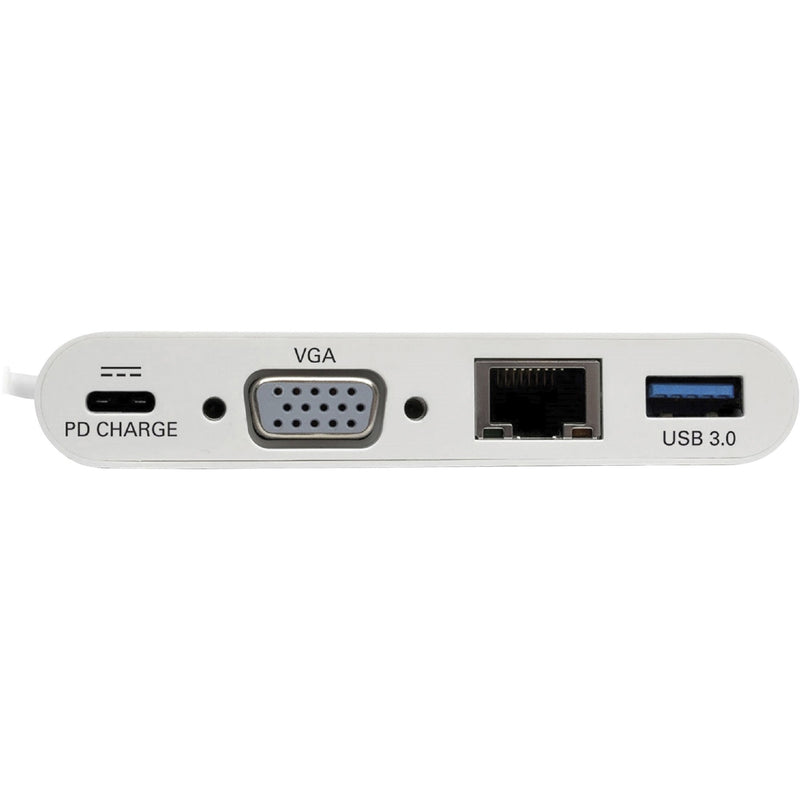 Close-up view of Tripp Lite docking station ports including VGA, USB 3.0, and RJ-45