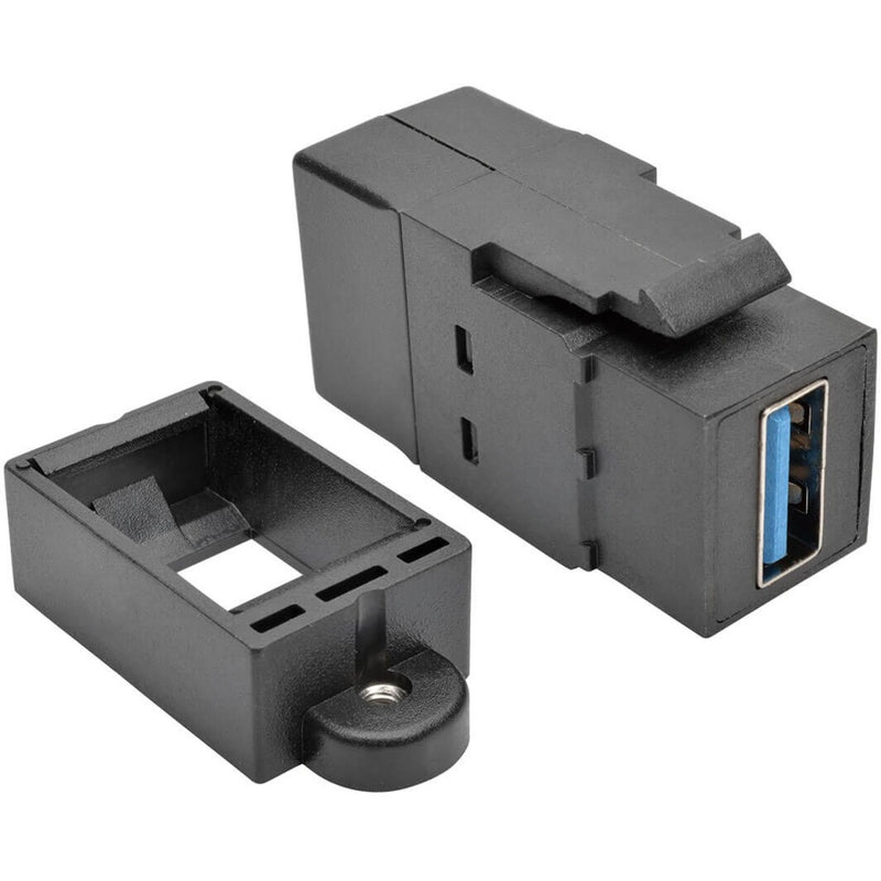 Tripp Lite USB 3.0 coupler showing keystone mount and panel mount components with blue USB port