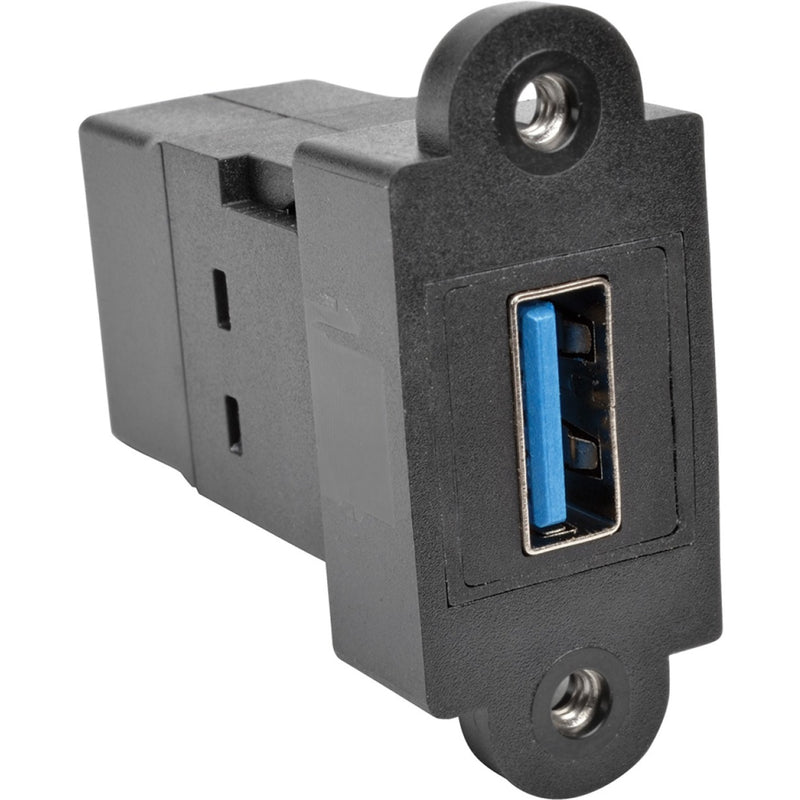 Side view of USB coupler showing panel mount design with threaded mounting points