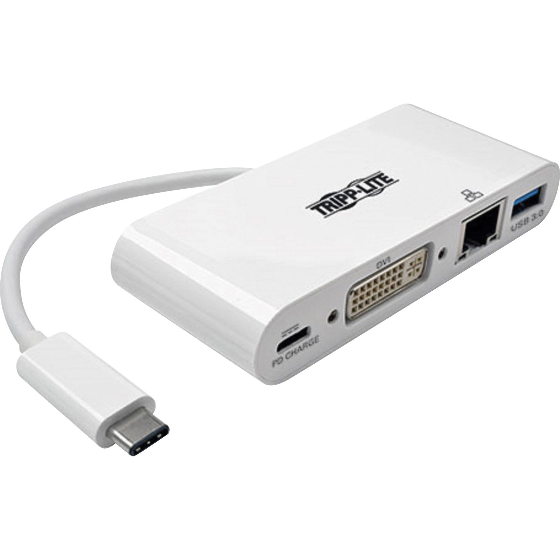 Tripp Lite USB-C docking station featuring DVI output, USB 3.0 port, and network connectivity in white finish-alternate-image1