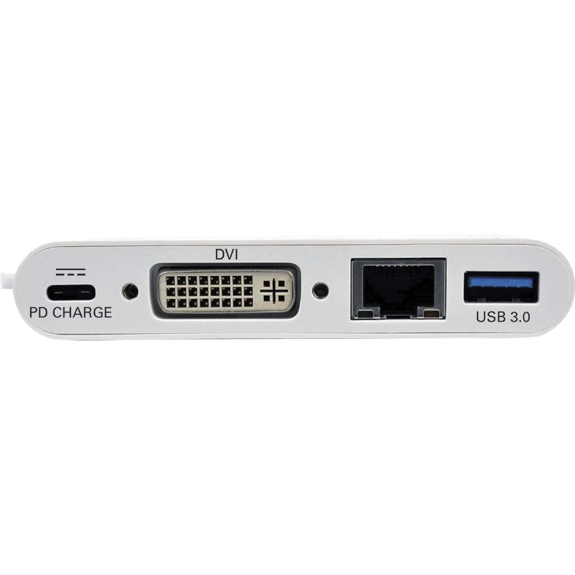 Close-up view of Tripp Lite docking station ports showing DVI, USB 3.0, Ethernet, and PD charging connections-alternate-image2