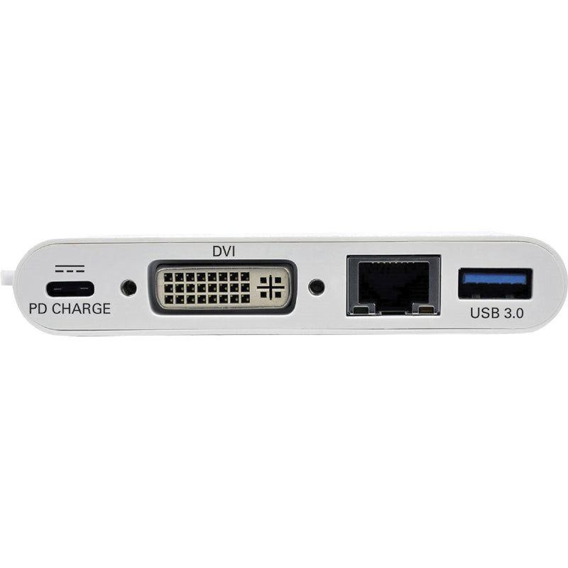 Close-up view of Tripp Lite docking station ports showing DVI, USB 3.0, Ethernet, and PD charging connections