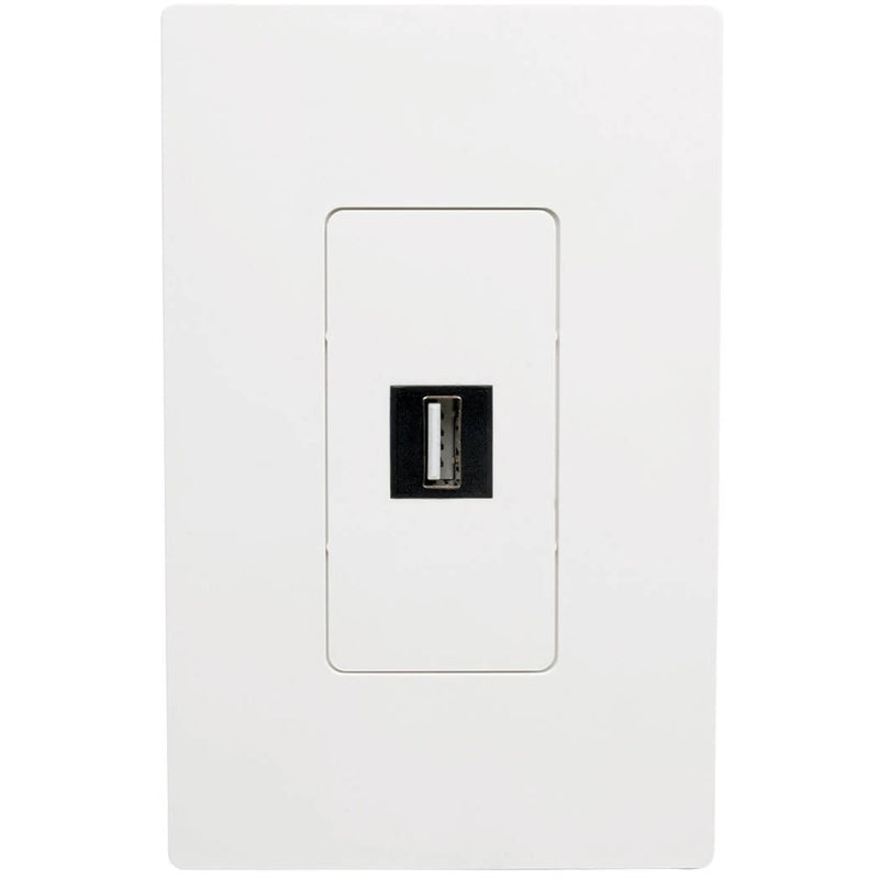 White wall plate with installed black USB keystone coupler