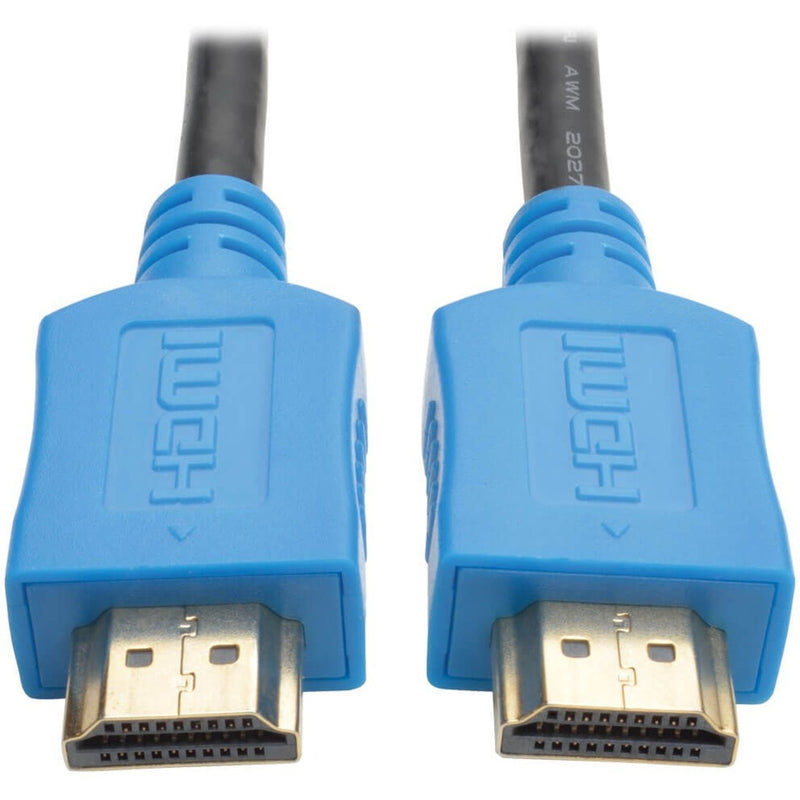 Close-up view of Tripp Lite P568-010-BL HDMI cable ends showing blue connectors with gold-plated contacts and strain relief design