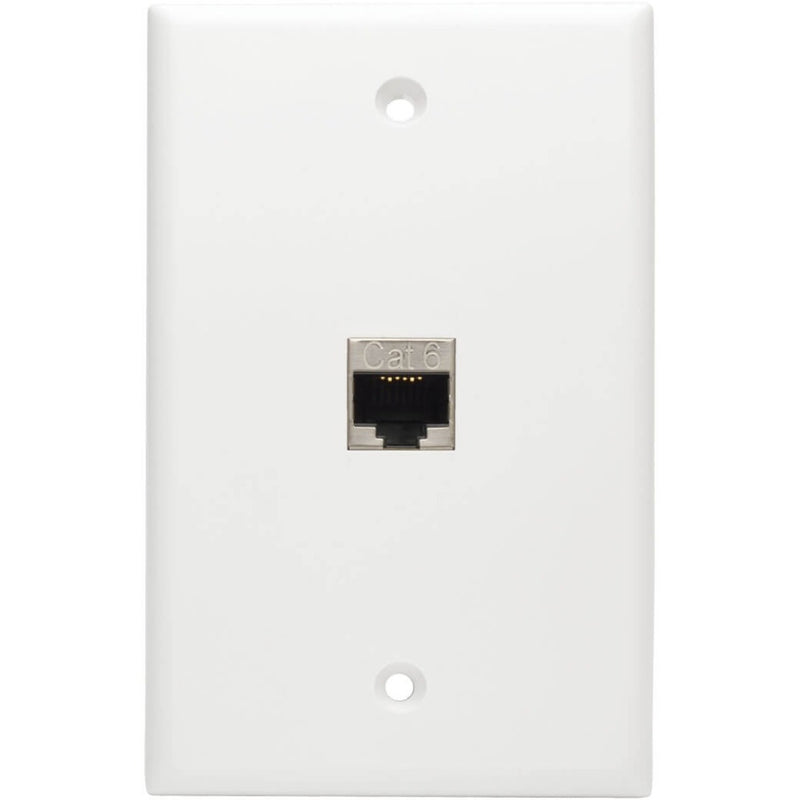 White wall plate with integrated Cat6 network port showing clean installation finish