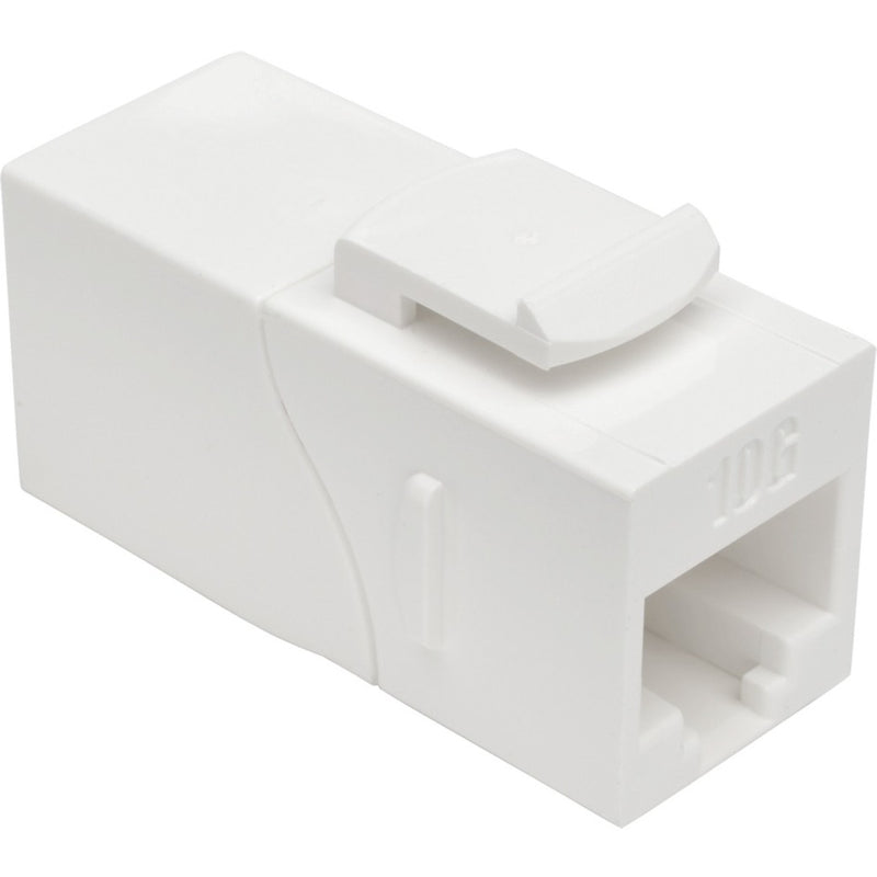 White Tripp Lite Cat6a network adapter with 90-degree angled connector design