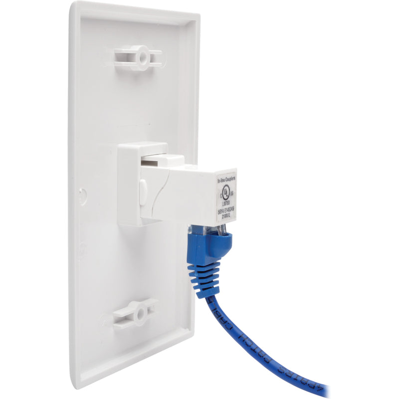 Tripp Lite network adapter mounted in white wallplate with blue cable connected