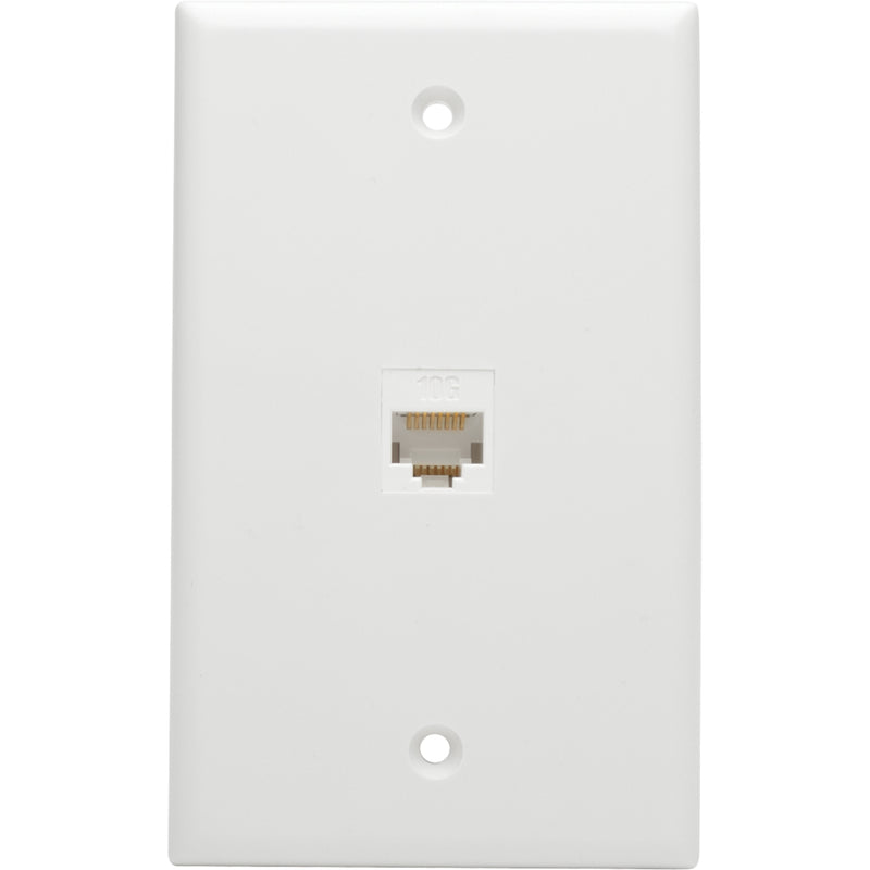 Front view of white wallplate showing RJ45 port with gold contacts