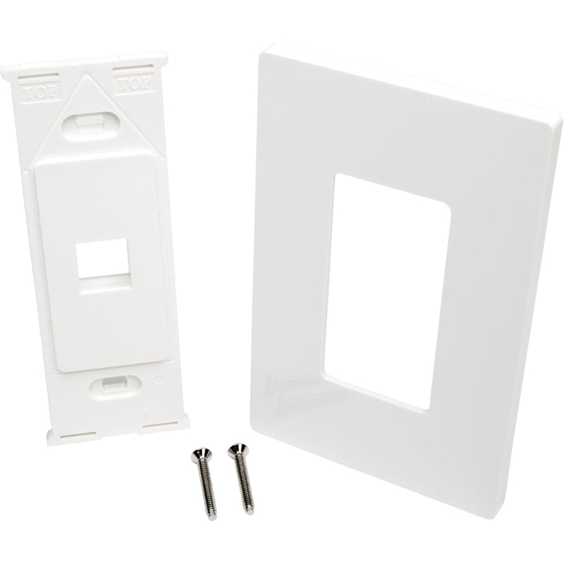 Complete wallplate kit showing faceplate, mounting bracket, and installation screws