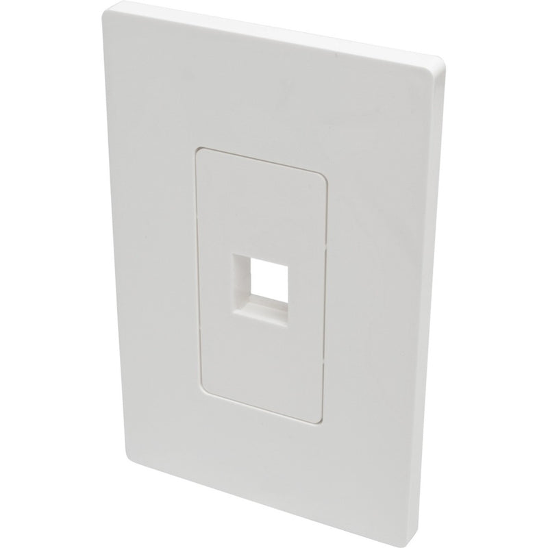 Front view of white single-port keystone wallplate showing clean rectangular opening