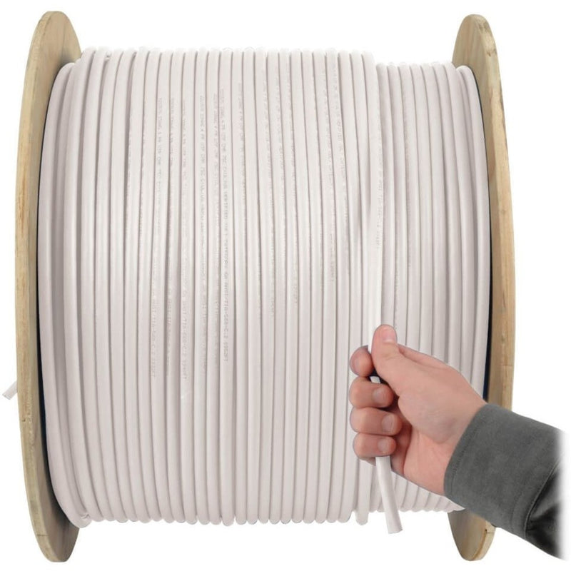 Demonstration of Cat5e cable being pulled from wooden spool