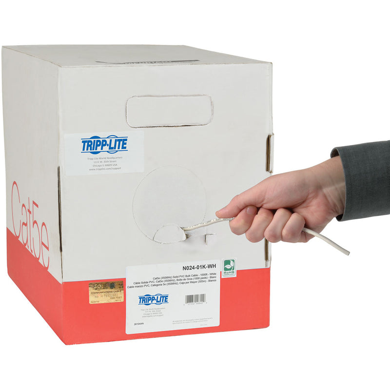 Tripp Lite Cat5e cable pull box showing cable dispensing in action