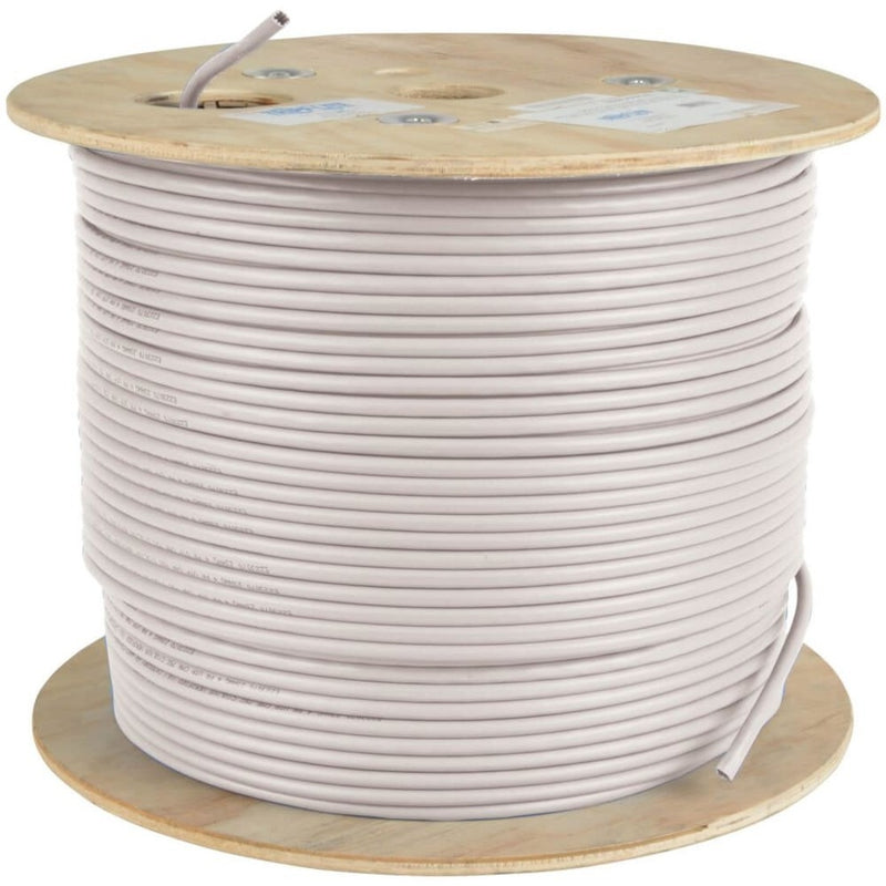 White Cat5e plenum-rated network cable wound on wooden spool showing professional cable management