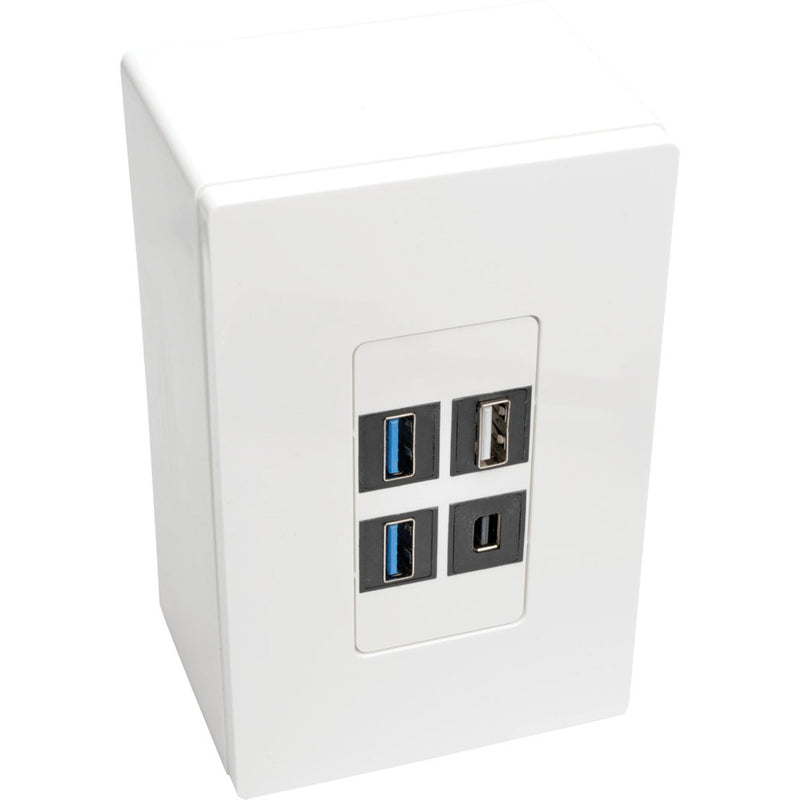 Angled view of white surface mount junction box showing sleek profile and installed ports