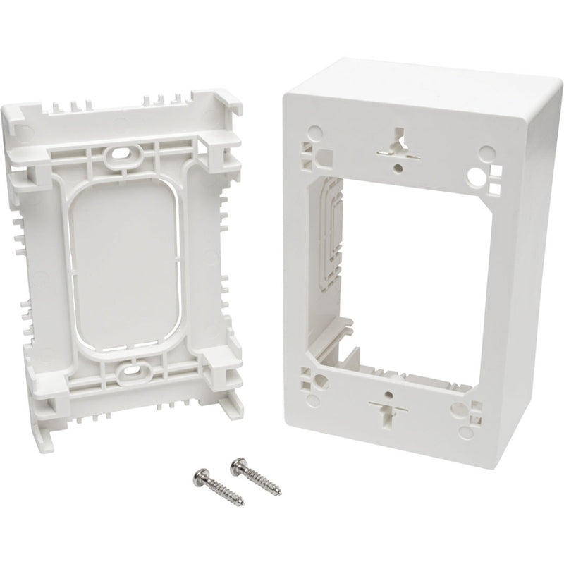 Exploded view of white surface mount junction box with included mounting screws