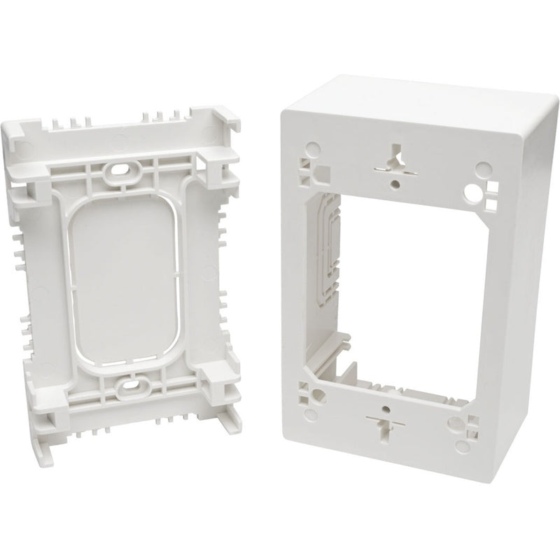 Two-piece white surface mount junction box showing internal mounting structure and assembly components