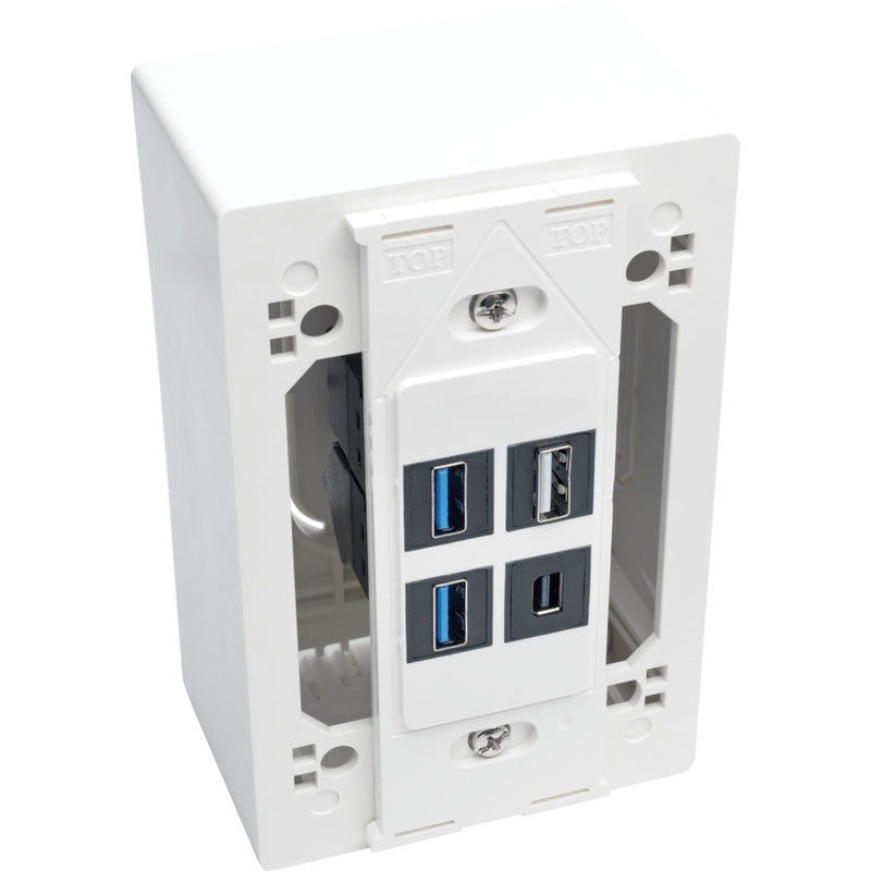 White surface mount junction box with installed USB ports showing connection options