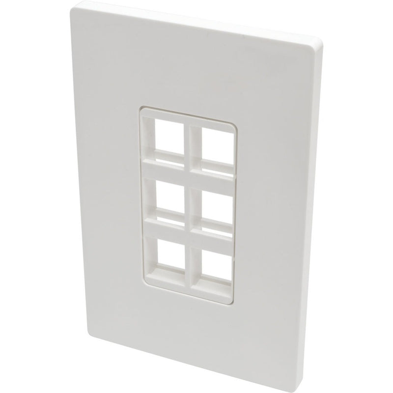 Front view of white 6-port keystone wallplate showing empty port openings in a 3x2 configuration