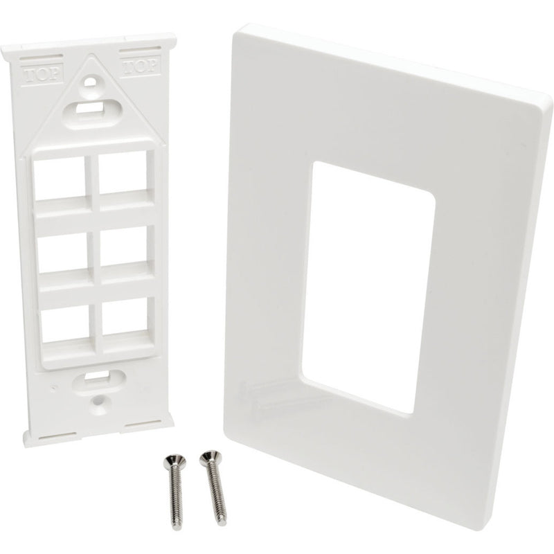 Complete wallplate kit showing faceplate, mounting bracket, and installation screws