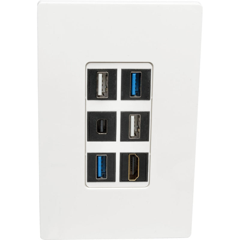 White wallplate populated with various connection types including USB and HDMI ports