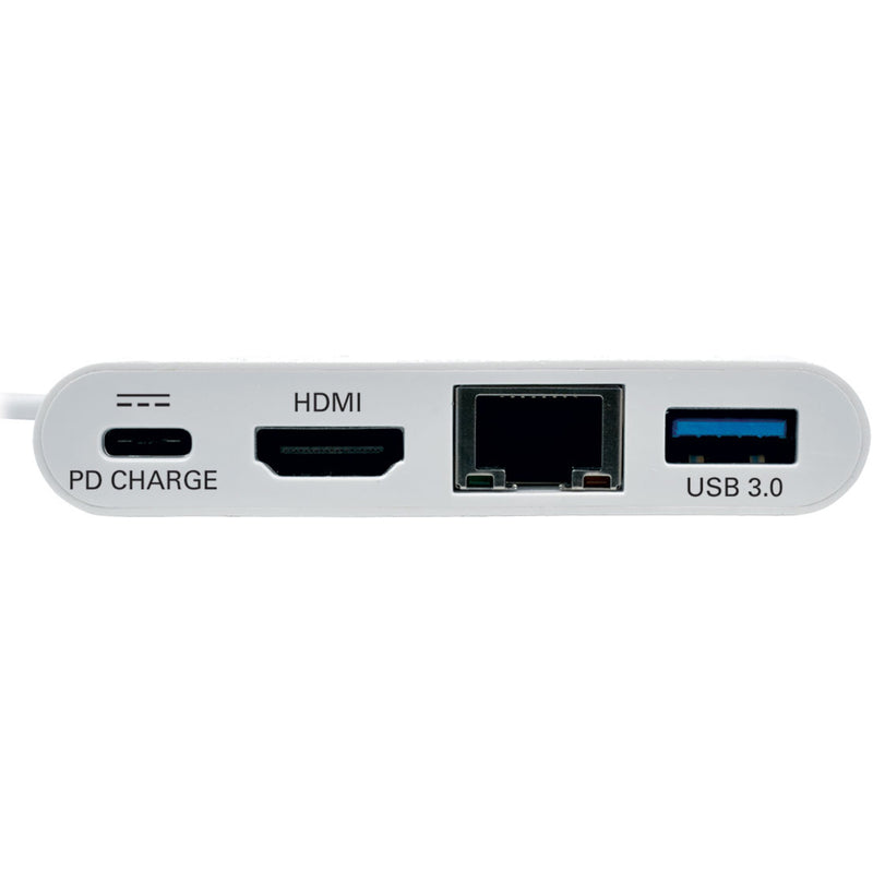 Detailed view of Tripp Lite docking station port interface showing PD Charge, HDMI, Ethernet, and USB 3.0 ports