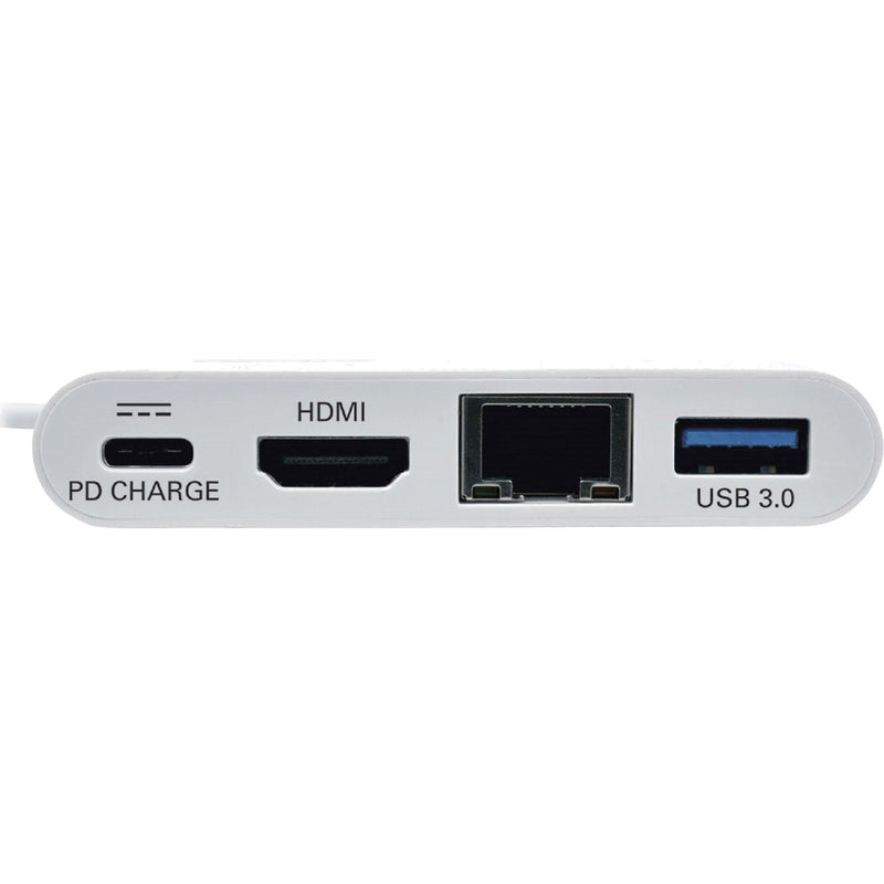 Close-up view of Tripp Lite docking station ports showing PD Charge, HDMI, Ethernet, and USB 3.0 connections