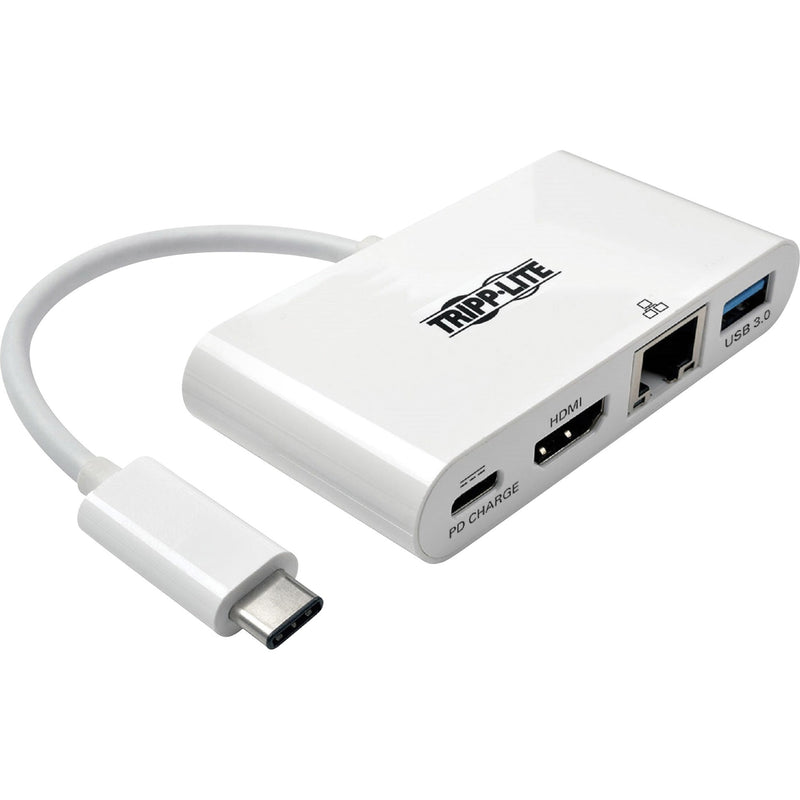 White Tripp Lite USB-C docking station showing HDMI, USB 3.0, and Ethernet ports with attached USB-C cable