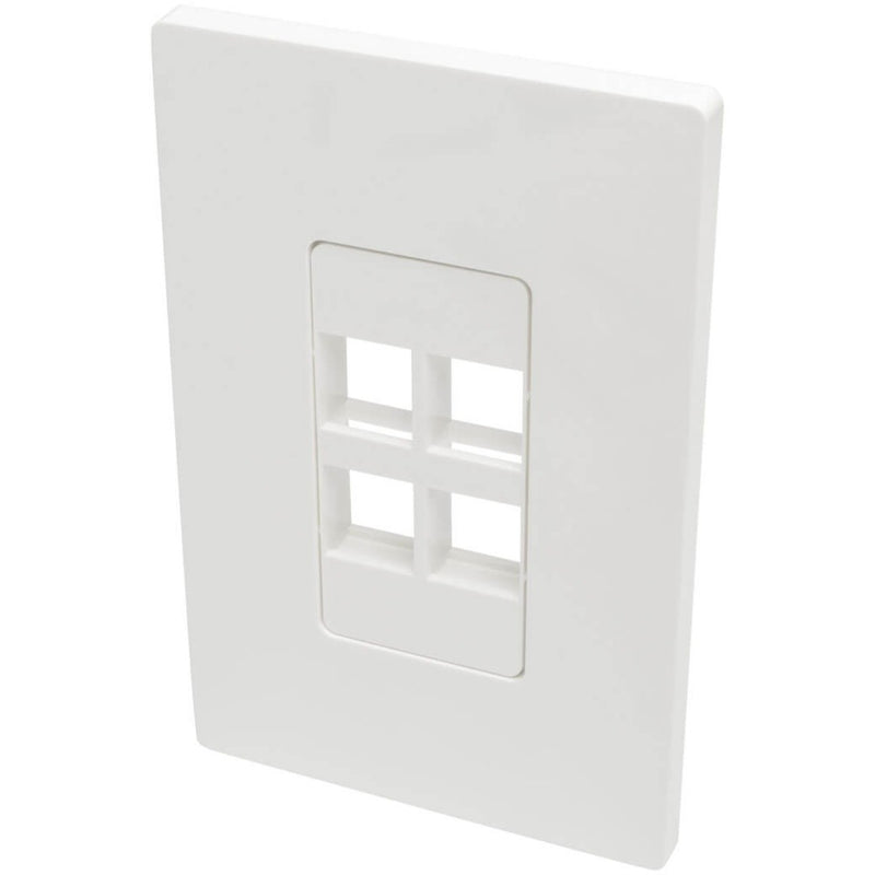 Front view of white 4-port keystone wallplate showing clean rectangular openings