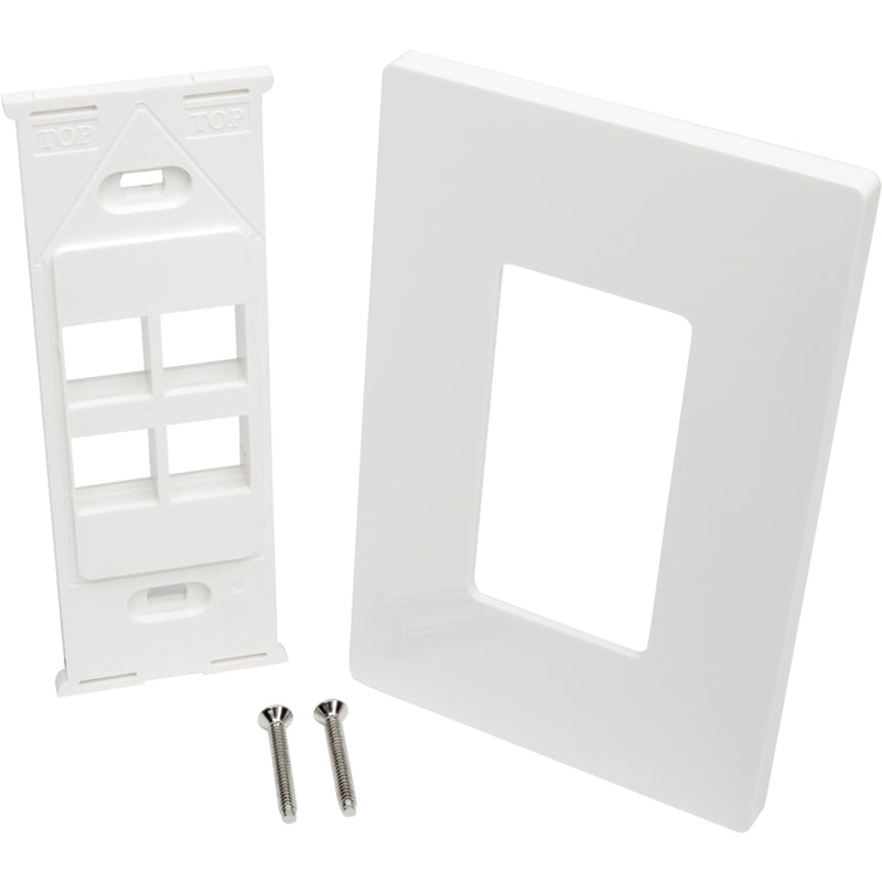 Exploded view of wallplate components including mounting plate, cover, and screws