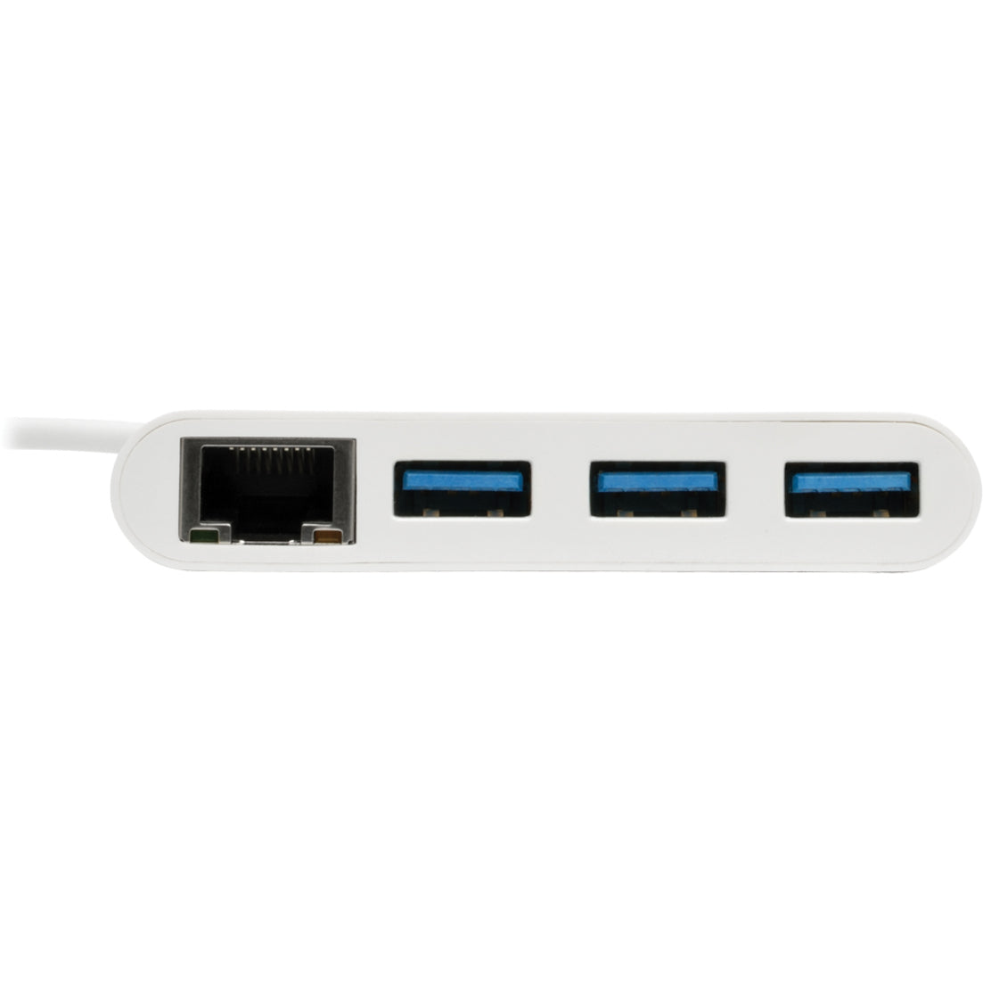 Close-up view of Tripp Lite USB hub ports showing three USB-A ports and one Ethernet port-alternate-image3