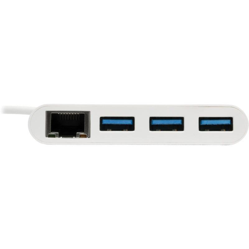 Close-up view of Tripp Lite USB hub ports showing three USB-A ports and one Ethernet port