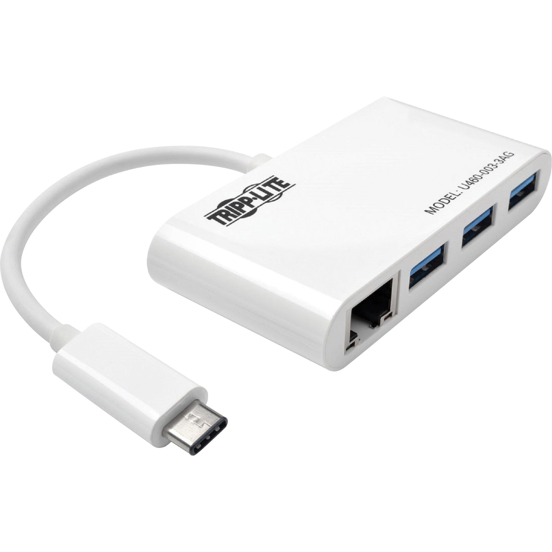 White Tripp Lite USB-C hub featuring three USB-A ports and one Ethernet port with attached USB-C cable-alternate-image1