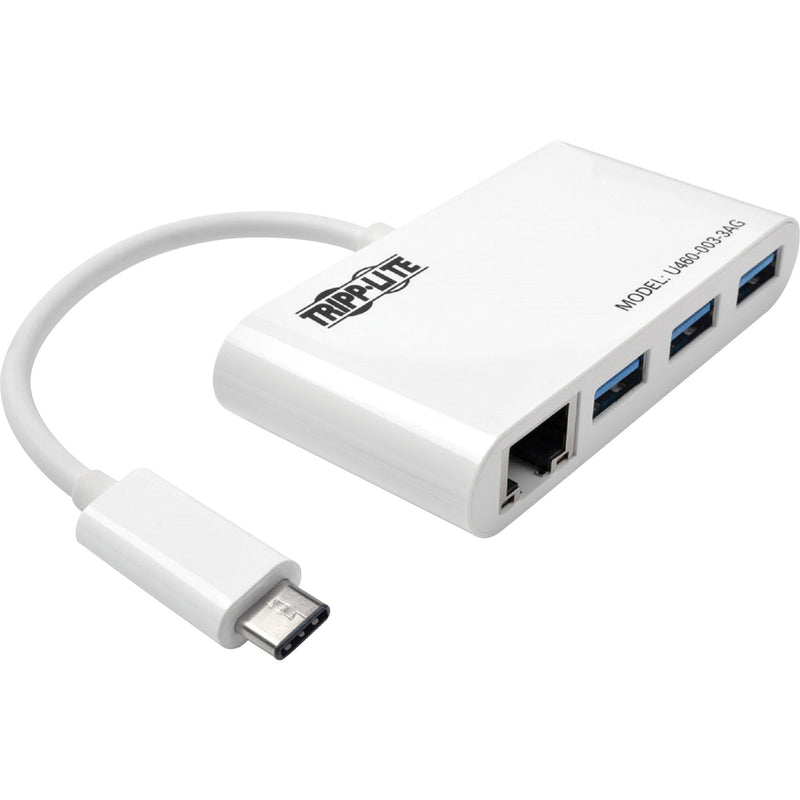 White Tripp Lite USB-C hub featuring three USB-A ports and one Ethernet port with attached USB-C cable